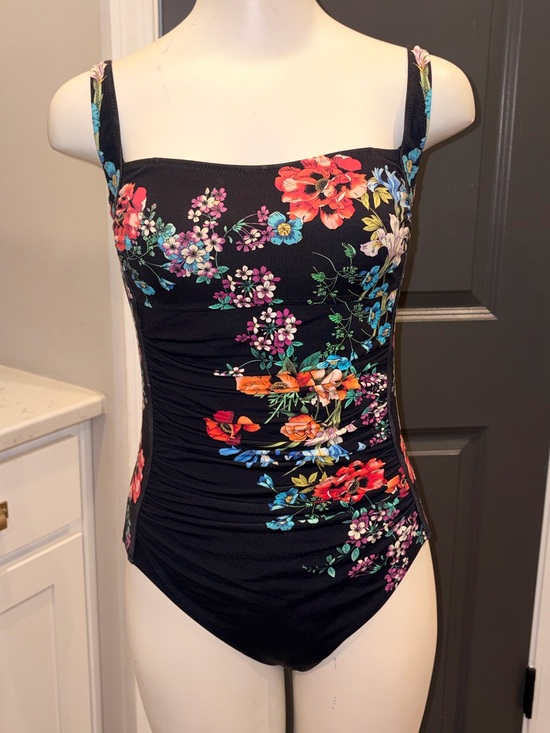 Johnny Was Other - Johnny Was Black Floral Ruched One-Piece Swimsuit w Adj Straps- Medium